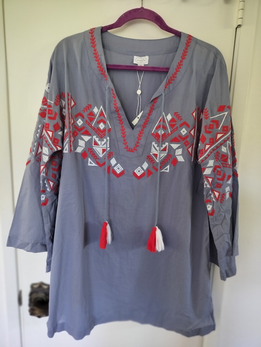 Mud Pie Embroidered Boho Tunic/ Dress Gray Red Peasant Bell Sleeve Medium NWOT
